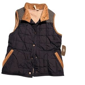 Element Quilted Tan and Blue Vest with Fold-Down Collar
